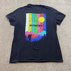 Threadless Shirt Mens Large Black Please Stand By Hiking Mountain Vintage TV